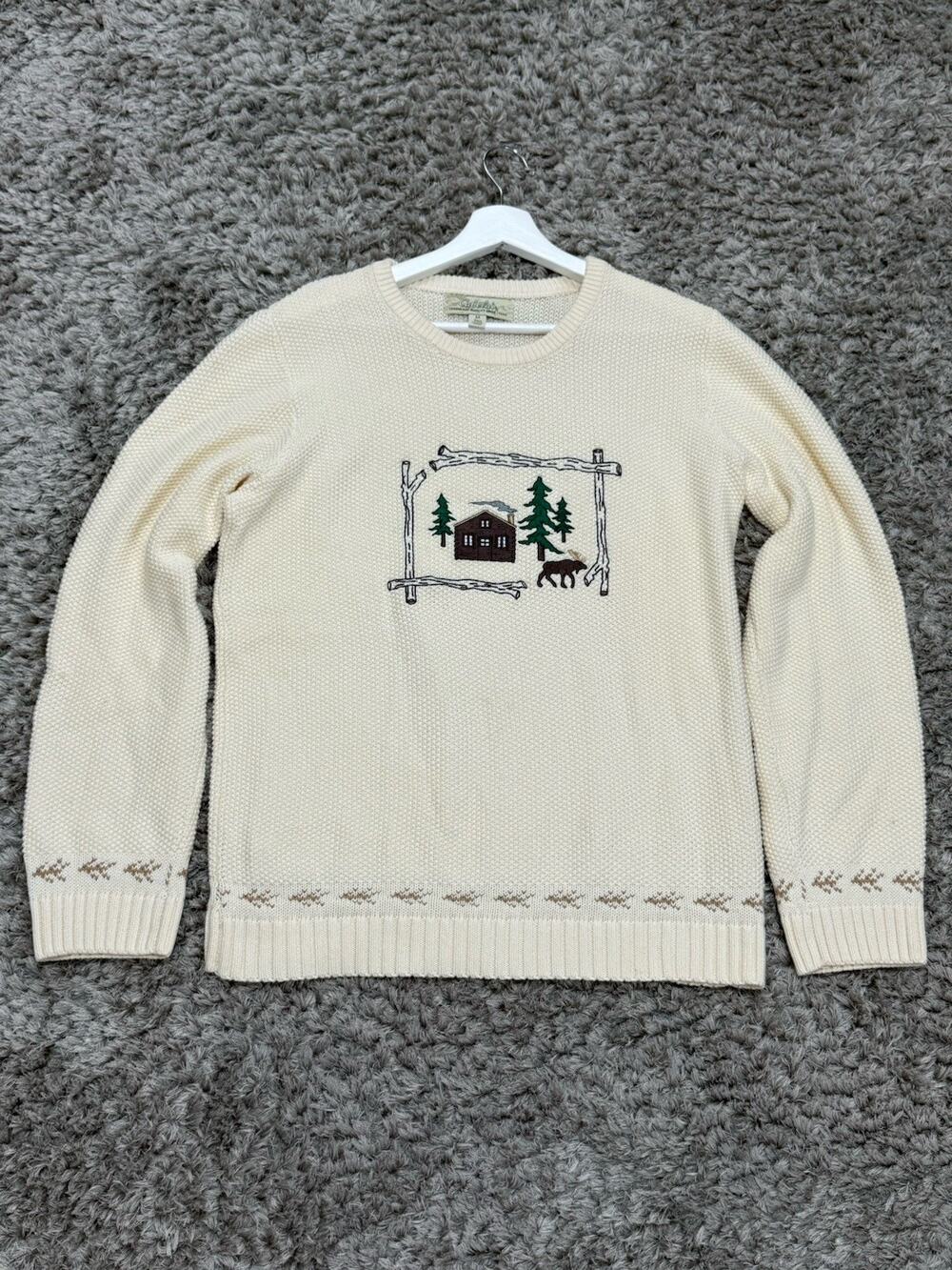 Vintage Embroidered Knit Sweater Women’s Size M Cream Grandmacore Cottagecore
